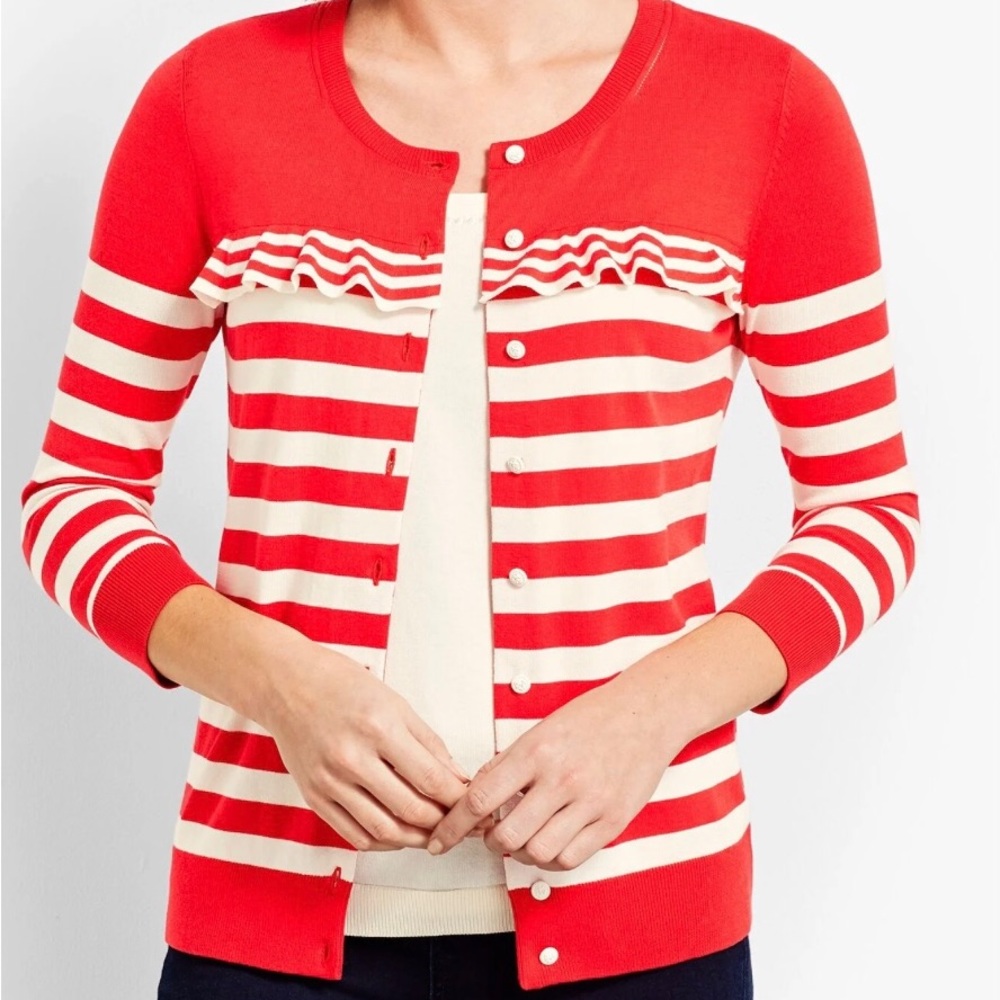 Talbots Striped Cardigan Sweater w/ruffle yoke, Nautical Anchor theme buttons
